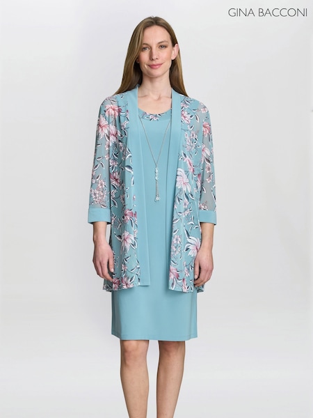Gina Bacconi Blue Callie Printed Dress and Jacket With Detachable Necklace (H29995) | €316