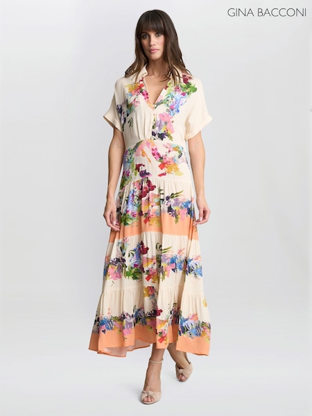 Gina Bacconi Orange Sarah Floral Print Shirt Dress (H29999) | €428