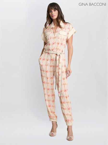 Gina Bacconi Pink Natalia Palm Tree Print Jumpsuit (H30004) | 1,584 QAR