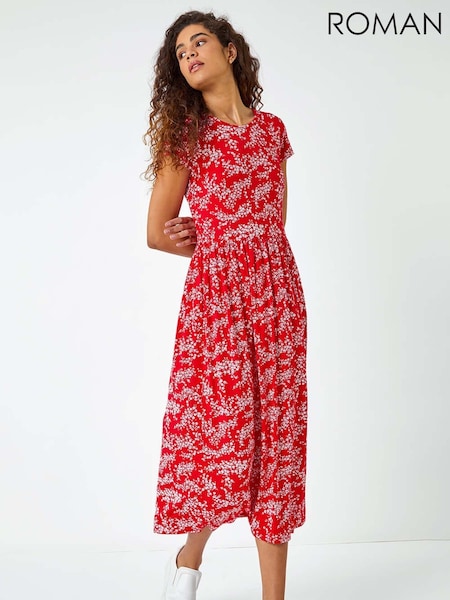 Roman Red Ditsy Gathered Skirt Stretch Midi Dress (H30063) | €58