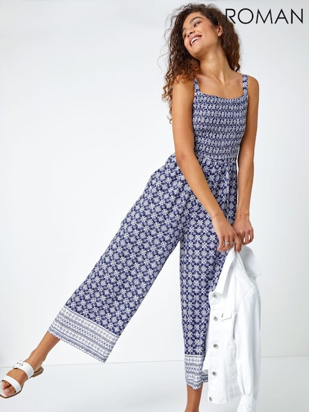 Roman Blue Border Print Culotte Jumpsuit (H30071) | 223 QAR