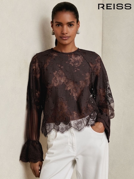 Reiss Chocolate Brown Emilia Lace Flared Cuff Blouse (H30096) | €242