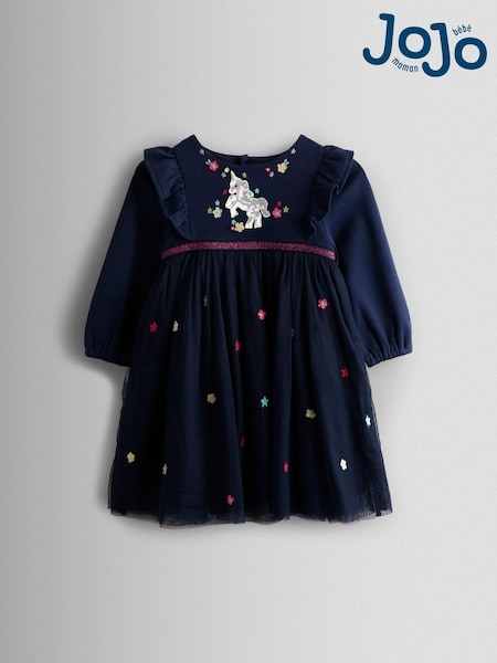 JoJo Maman Bébé Navy Blue Unicorn Appliqué Tulle Party Dress (H30135) | €51 - €59