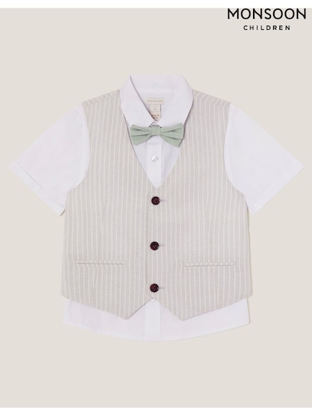 Monsoon Grey 100% Cotton Shirt and Waistcoat Set 3 Piece with Bow (H30144) | ₪327 - ₪402