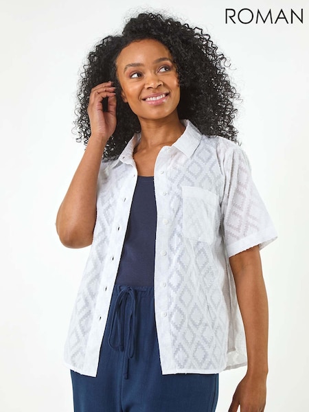 Roman White Petite Jacquard One Pocket 100% Cotton Shirt (H30160) | ₪201