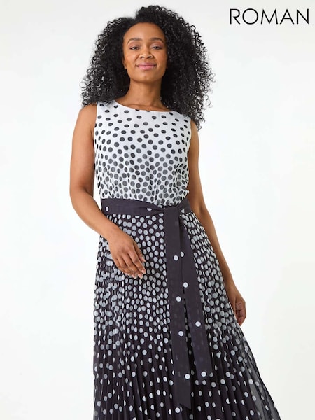 Roman Black Petite Spot Print Pleated Midi Dress (H30166) | €99
