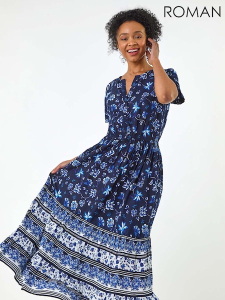 Roman Blue Floral Print Midi Dress (H30167) | R$ 665