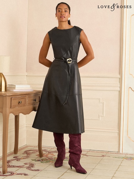 Love & Roses Black Petite Faux Leather Boat Neck Trim Belted Midi Dress (H30260) | €84