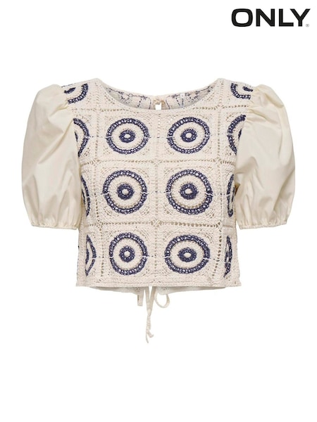 ONLY Crochet Puff Sleeve Tie Back Top (H30671) | R$ 335