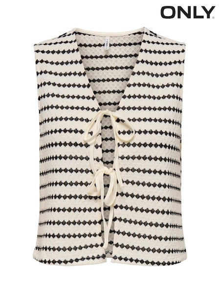 ONLY White Monochrome Stripe Crochet Tie Front Vest (H30677) | ₪121