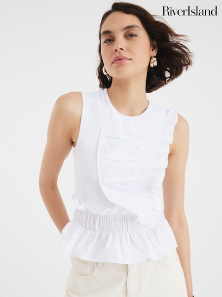 River Island White Poplin Mix Frill Top (H30681) | €36