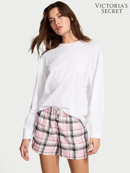 Victoria's Secret White/Pink/Black/Gold Lurex Stripe Flannel Long Sleeve Shorts Pyjamas Set (H30784) | €59.50