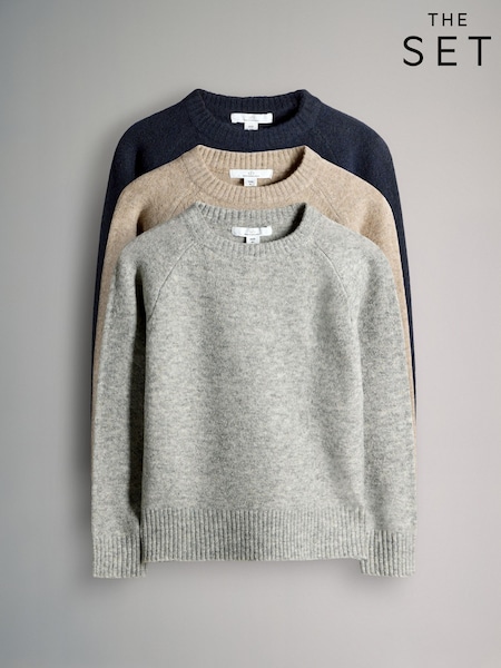 The Set Blue/Grey/Brown 3 Pack Crew Neck Knitted Jumpers (H30841) | €34 - €40