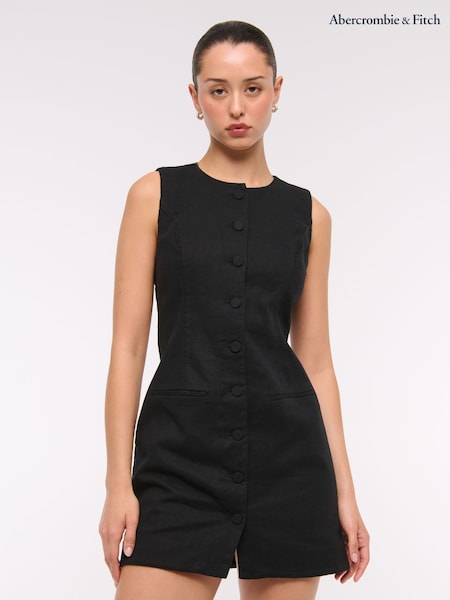 Abercrombie & Fitch Linen High Neck Buttoned Short Black Dress (H30959) | €74