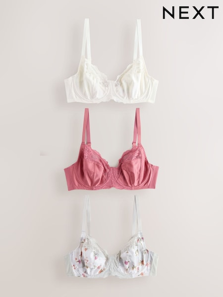 Pink/Cream/Green Floral DD+ Non Pad Full Cup Bras 3 Pack (H34994) | AED197