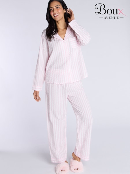 وردي - Boux Avenue Pink Seersucker Stripe Long 100% Cotton Pyjamas Set (H35119) | ‏247 ر.ق.