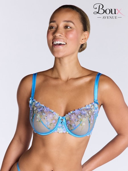 Boux Avenue Blue Fleur Sheer Unpadded Floral Print Embroidered Balconette Bra (H35178) | R$ 445