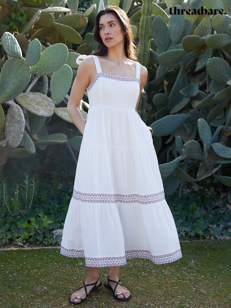 Threadbare Cream 100% Cotton Embroidered Tiered Maxi Dress (H35635) | €63