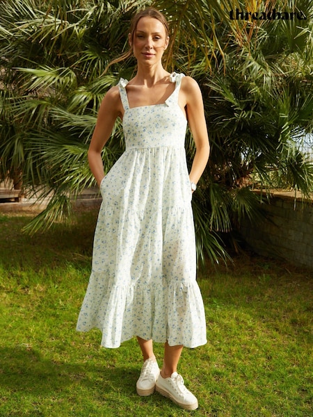 Threadbare White Floral Print Tiered Linen Blend Maxi Dress (H35636) | $82