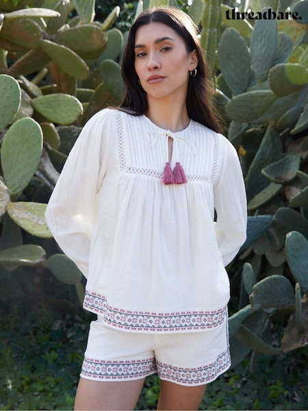 Threadbare Cream 100% Cotton Embroidered Pull On Shorts (H35638) | €37