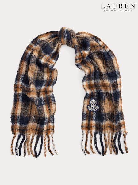 Lauren Ralph Lauren Blue Checked Brushed Crest Logo Scarf (H35867) | €164