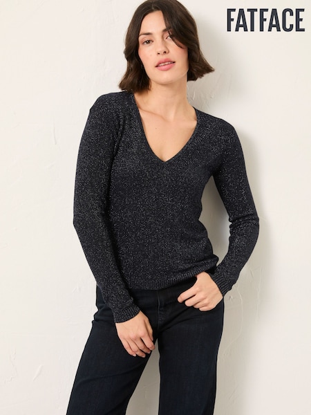 FatFace Ada Navy Sparkle V Neck Knitted Jumper (H35885) | €65