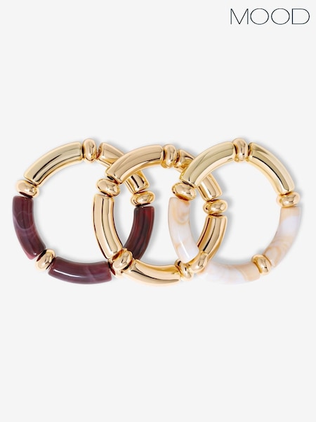 Mood Gold Tone Cream And Plum Resin Stacker Stretch Bracelets 3 Pack (H35920) | €29