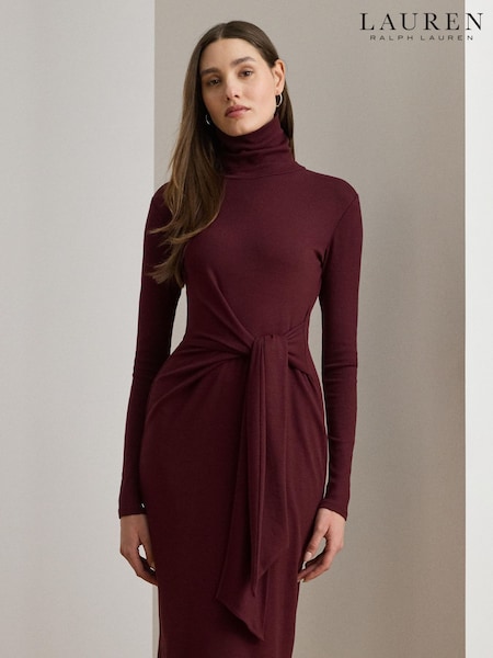 Lauren Ralph Lauren Red Vaureen Ribbed High Neck Belted Jersey Midi Dress (H35966) | R$ 1.865