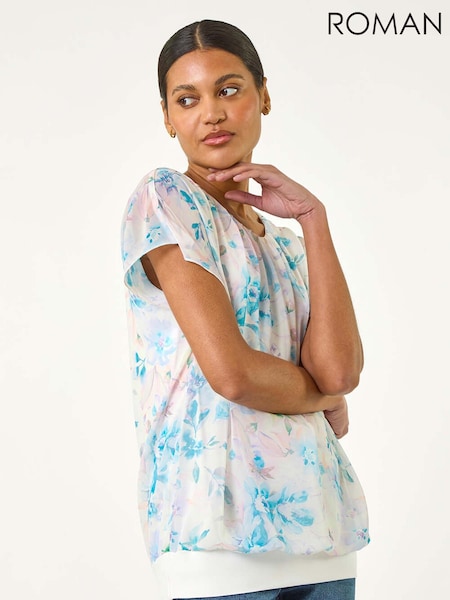 Roman Blue Floral Print Bubble Hem Blouse (H35977) | €53