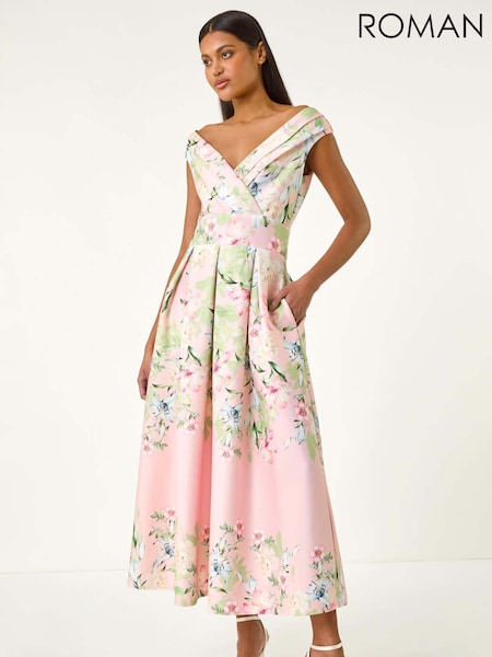 Roman Pink Floral Print Bardot Midi Stretch Dress (H35978) | €92