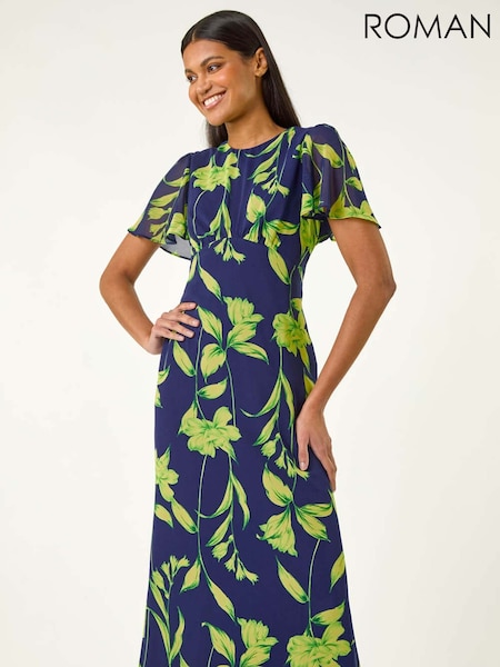 Roman Blue Leaf Print Back Tie Midi Dress (H35980) | €83