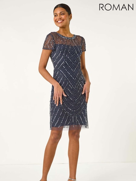 Roman Blue Sequin Embellished Sheer Shift Dress (H35981) | €147