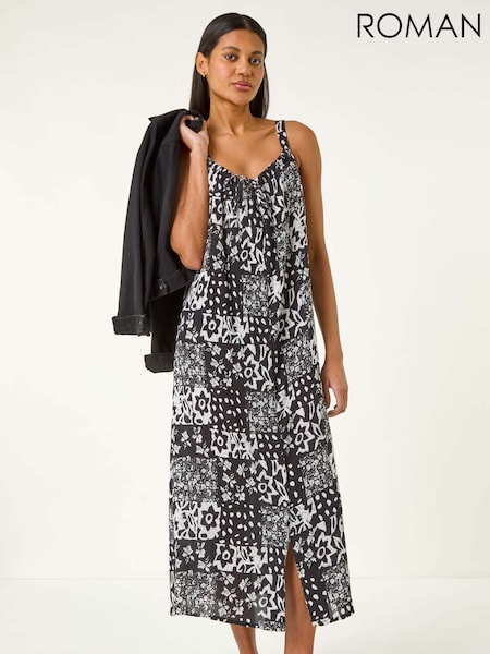 Roman Black Abstract Gathered Strappy Midi Dress (H35984) | €59