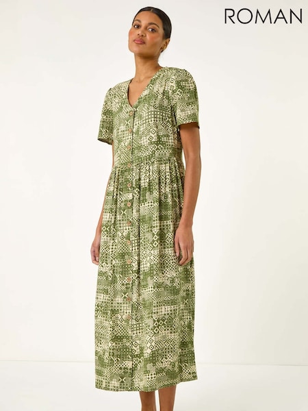 Roman Green Geo Print Button Midi Dress (H35996) | €71