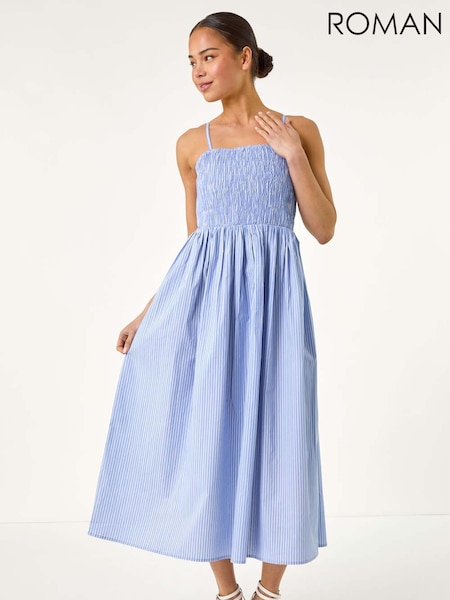 Roman Blue Petite Stripe Strappy Shirred 100% Cotton Dress (H36176) | €63