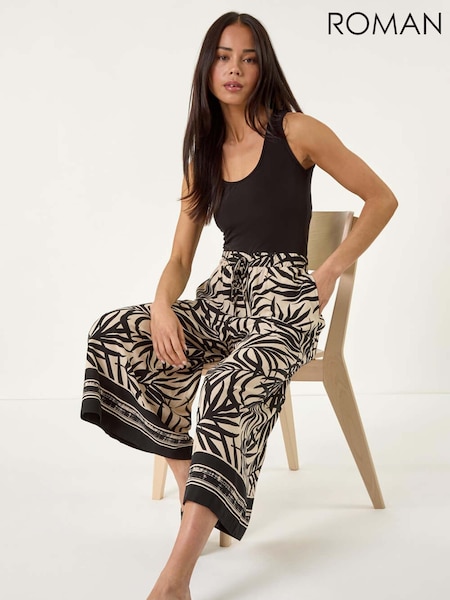 Roman Black Petite Leaf Border Print Tie Waist Culottes (H36182) | €53