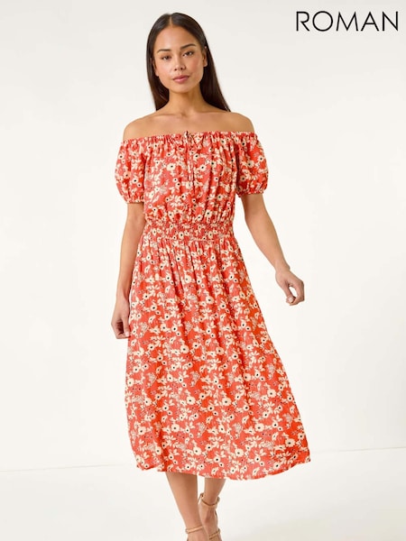Roman Orange Petite Ditsy Bardot Midi Dress (H36187) | AED364