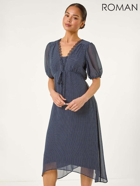 Roman Blue Petite Spot Print Lace Bow Midi Dress (H36192) | €83