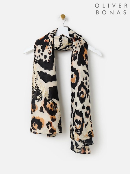 Oliver Bonas Brown Animal Print Golden Foil Lightweight Scarf (H37507) | €37
