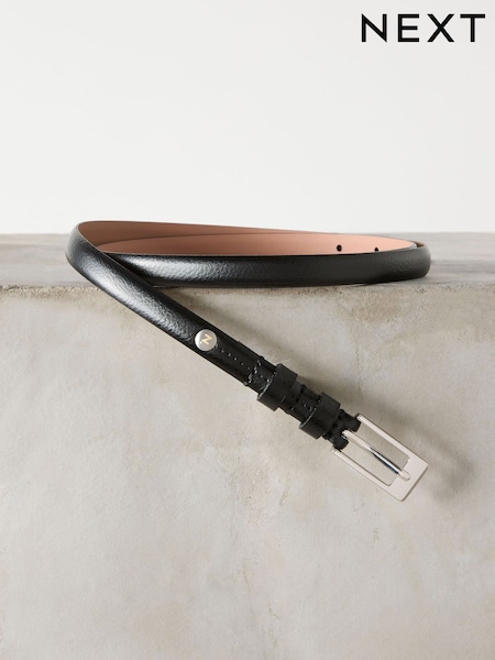 Black/Silver Skinny Premium Made In Italy Leather Belt (H37537) | €23