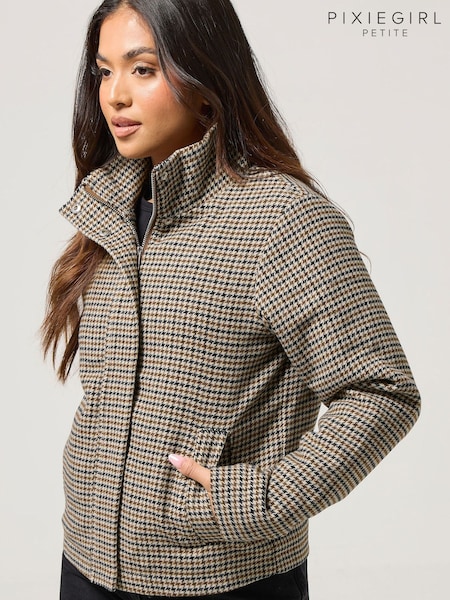 PixieGirl Petite Brown Check Funnel Neck 100% Cotton Jacket (H37597) | €85