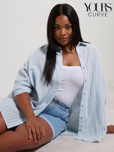 Yours Curve Blue Long Sleeve Shirt Containing Linen (H37605) | $54