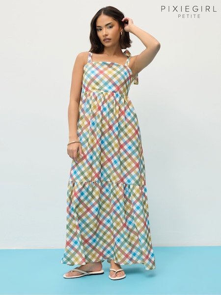PixieGirl Petite Multi Gingham Shoulder Tie Maxi Dress (H37619) | 2,103 UAH
