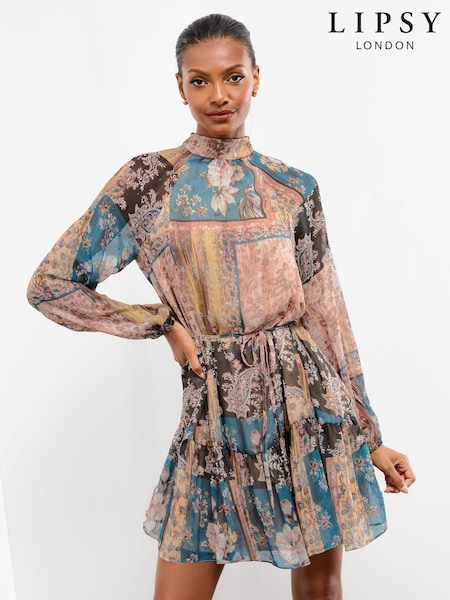 Lipsy Neutral Blue High Neck Patchwork Paisley Boho Mini Shift Dress (H37640) | €79.50