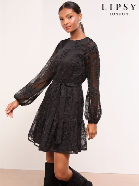 Lipsy Mini Long Sleeved Burnout Shift Dress (H37646) | ‏333 ر.ق.