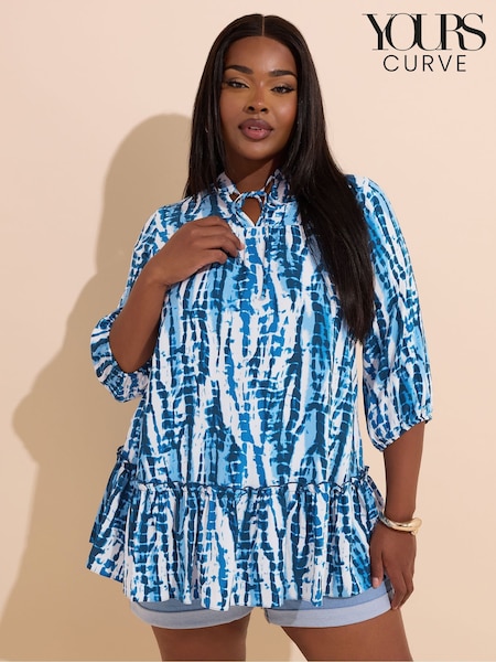 Yours Curve Blue Tie Neck Tiered Blouse (H37674) | R$ 285