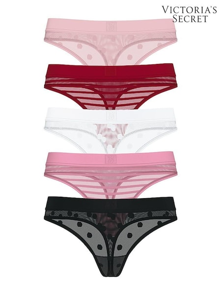 Victoria's Secret Pink/Red/Black/White Thong 5 Pack Sheer Logo Knickers (H37788) | €33