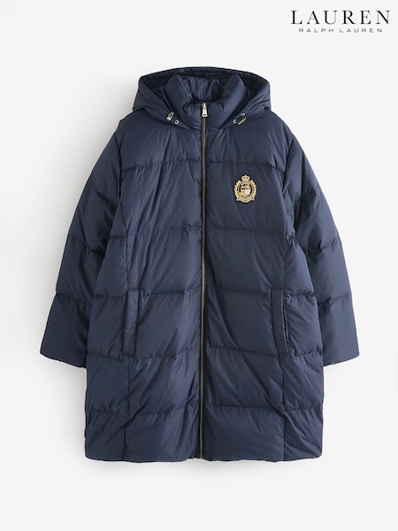 Lauren Ralph Lauren Blue Curve Crest Logo Faux Fur Hood Puffer Jacket (H37930) | €407