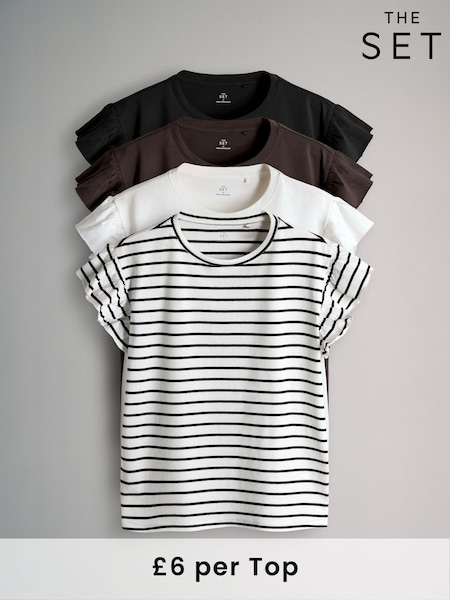 Brown/Black/Stripe/White - The Set 4 Pack Ruffle Short Sleeve T-Shirts (H37944) | R$ 235