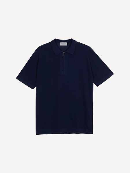 John Smedley Blue Sandbanks Zip Short Sleeve Cotton Knit Polo Shirt (H37991) | 990 QAR